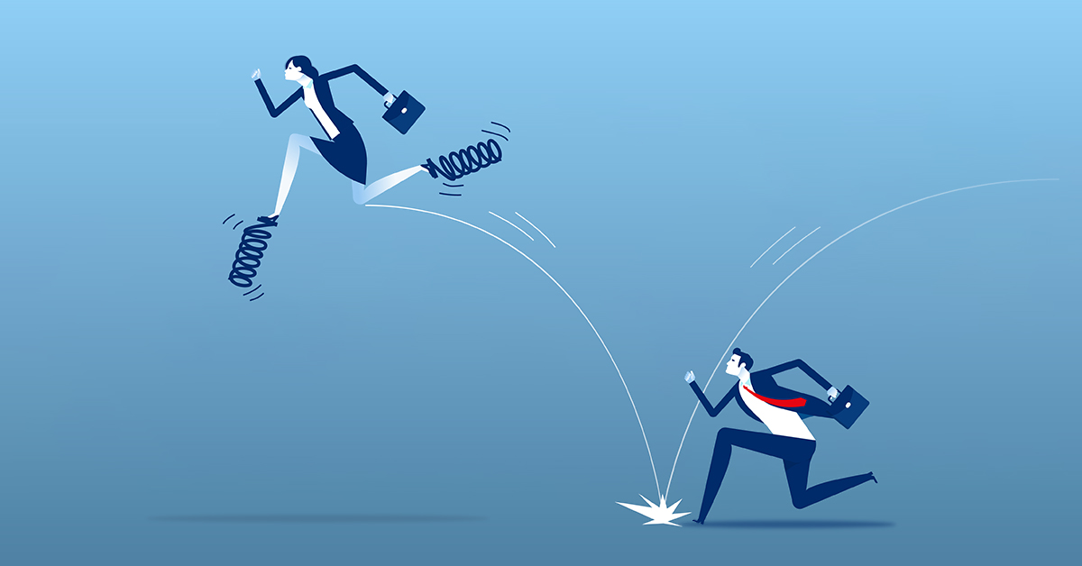 Leadership uses spring to jump in front of his companion. Business competition concept Cadre agile